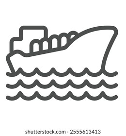 Oil transportation vessel at sea line icon, marine port concept. Vector graphics. Large ship with petroleum product sign on white background, outline style icon for mobile or web design