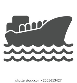 Oil transportation vessel at sea solid icon, marine port concept. Vector graphics. Large ship with petroleum product sign on white background, glyph style icon for mobile or web design