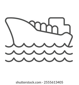 Oil transportation vessel at sea thin line icon, marine port concept. Vector graphics. Large ship with petroleum product sign on white background, outline style icon for mobile or web design