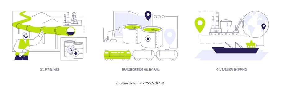 Oil transporting abstract concept vector illustration set. Petroleum and gas pipelines, transporting crude oil by rail using cisterns, tanker shipping, fuel international delivery abstract metaphor.