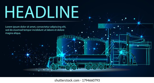 Oil truck. Fuel Tanker and tank farm. 3d abstract vector illustration. Low poly wireframe