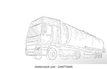 Oil truck highway cistern 3D render low poly. Fuel petroleum finance industry diesel tank. Cylinder vehicle big cargo gasoline logistic economical business polygonal line vector illustration