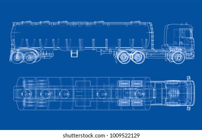 Oil truck sketch illustration. Vector image rendered from 3d model in sketch style or drawing. Blue background