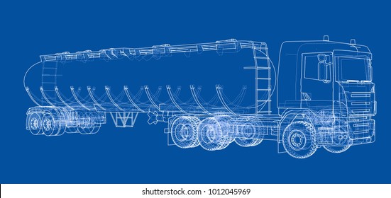 Oil Truck Sketch Illustration. Vector Image Rendered From 3d Model In Sketch Style Or Drawing. Blue Background