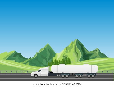 Oil truck tanker driving on the highway, vector landscape on background