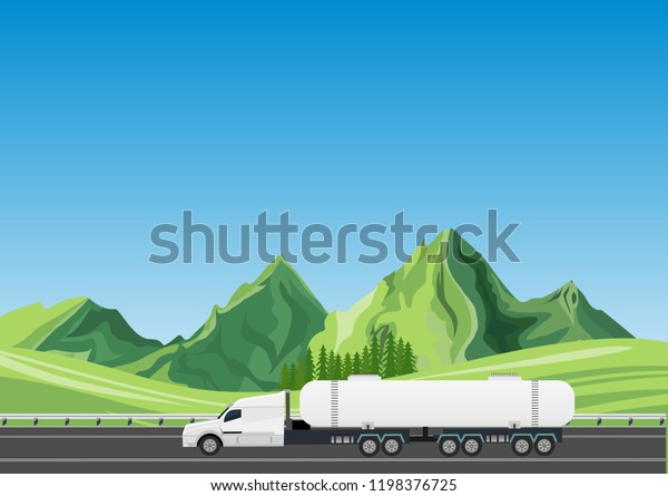 Oil truck tanker driving on the highway,\
vector landscape on\
background