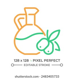 Oil two color line icon. Food dressing. Vegetable fat. Healthy cooking. Organic product. Mediterranean diet bicolor outline symbol. Duotone linear pictogram. Isolated illustration. Editable stroke