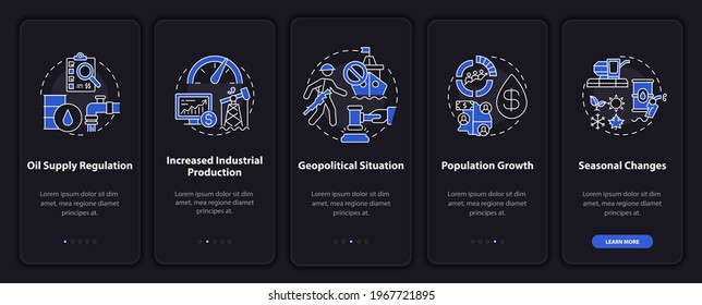 Oil value factors onboarding mobile app page screen with concepts. Increased production walkthrough 5 steps graphic instructions. UI, UX, GUI vector template with linear night mode illustrations