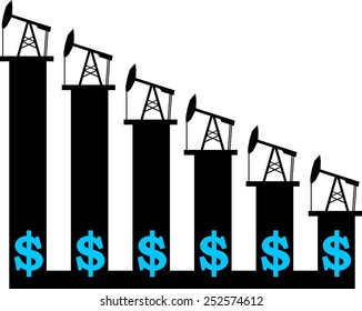 oil value fall down diagram with derrick icons and dollar sign