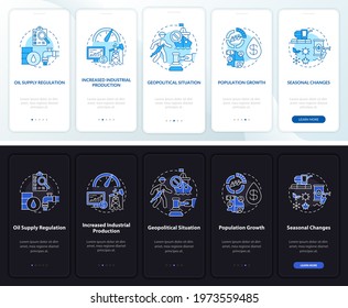 Oil value features onboarding mobile app page screen with concepts. Geopolitical case walkthrough 5 steps graphic instructions. UI, UX, GUI vector template with linear night and day mode illustrations