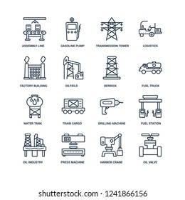 Oil valve, Harbor crane, Press machine, industry, Fuel station, Assembly line, Factory building, Water tank, Derrick outline vector icons from 16 set