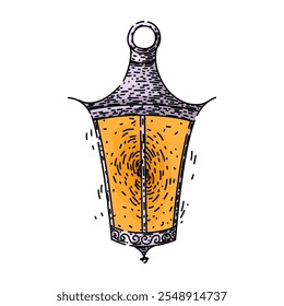 oil vintage lantern hand drawn. brass metal, glass decor, lighting camping oil vintage lantern vector sketch. isolated color illustration