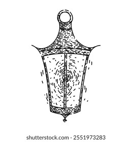 oil vintage lantern hand drawn. brass metal, glass decor, lighting camping oil vintage lantern vector sketch. isolated black illustration