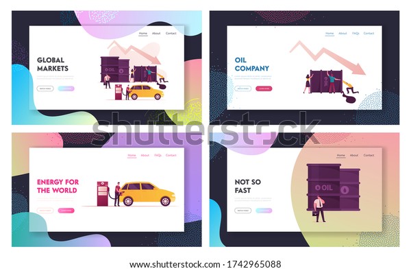 Oil War Landing Page Template Set. Tiny\
Characters Pick Up Huge Barrel with Pouring Oil, Man Filling Car on\
Station, Businessman with Briefcase. Falling Arrow Price. Cartoon\
People Vector Illustration