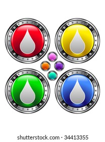 Oil or water drop icon on on round colorful vector buttons suitable for use on websites, in print materials or in advertisements.  Set includes red, yellow, green, and blue versions.