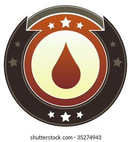 Oil or water drop icon on round red and brown imperial vector button with star accents suitable for use on website, in print and promotional materials, and for advertising.