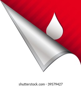 Oil or water liquid drop icon on vector peeled corner tab suitable for use in print, on websites, or in advertising materials.
