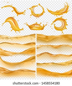 Oil waves. Realistic golden liquid surface of oil petrol flow drops and splashes fuel vector collection. Olive oil and fuel golden color flow illustration