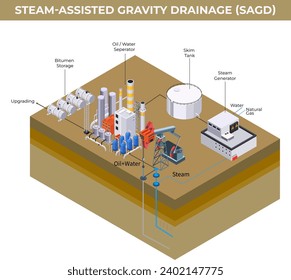 The oil well diagram illustrate the steam-assisted gravity drainage, so called SAGD, for heavy-thick crude oil production.