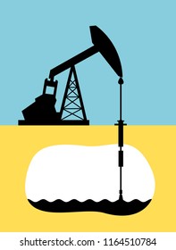 Oil well with low stockpile of commodity - Decline of production of oil because of decrease, drop and decline of low reervoir and reserve of petrol and petroleum. Vector illustration