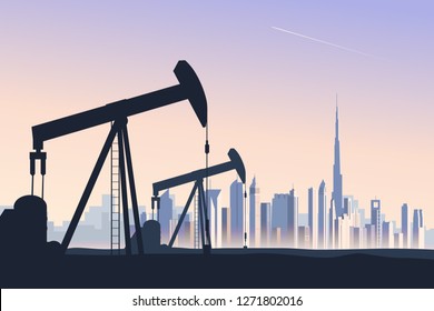 Oil well pumpjack with abstract skyline of Dubai on background. Skyline of a large metropolis city in evening light. Influence of oil industry on global economics and country’s development. Vector