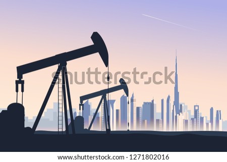 Oil well pumpjack with abstract skyline of Dubai on background. Skyline of a large metropolis city in evening light. Influence of oil industry on global economics and country’s development. Vector