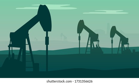 Oil Well Pumps In The Desert. Petrol Blue Colour, Horizontal Flat Background Divided Into Four Levels. Gloomy And Overcast Sky. Editable EPS Vector Illustration. Petrol, Pumpjack, Oilfield Concept