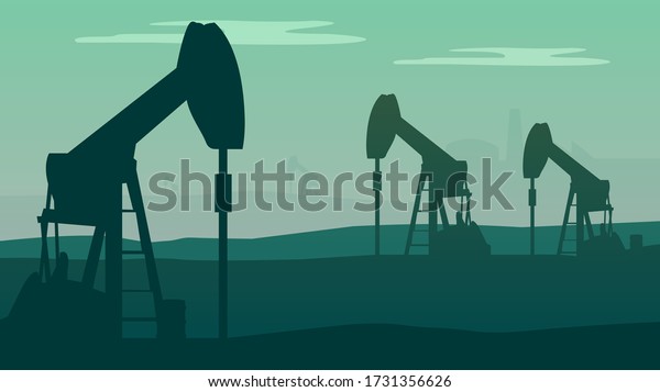 Oil Well Pumps In The Desert. Petrol Blue Colour,\
Horizontal Flat Background Divided Into Four Levels. Gloomy And\
Overcast Sky. Editable EPS Vector Illustration. Petrol, Pumpjack,\
Oilfield Concept