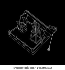 Oil well rig jack. Finance economy polygonal petrol production. Petroleum fuel industry pumpjack derricks pumping drilling. Wireframe low poly mesh vector illustration