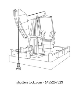 Oil well rig jack. Finance economy polygonal petrol production. Petroleum fuel industry pumpjack derricks pumping drilling. Wireframe low poly mesh vector illustration