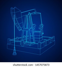Oil well rig jack. Finance economy polygonal petrol production. Petroleum fuel industry pumpjack derricks pumping drilling. Wireframe low poly mesh vector illustration