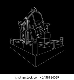 Oil well rig jack. Finance economy polygonal petrol production. Petroleum fuel industry pumpjack derricks pumping drilling. Wireframe low poly mesh vector illustration