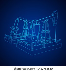 Oil well rig jack. Finance economy polygonal petrol production. Petroleum fuel industry pumpjack derricks pumping drilling. Wireframe low poly mesh vector illustration
