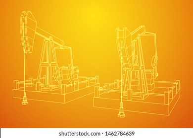 Oil well rig jack. Finance economy polygonal petrol production. Petroleum fuel industry pumpjack derricks pumping drilling. Wireframe low poly mesh vector illustration