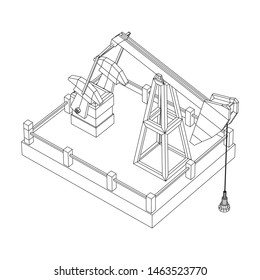 Oil well rig jack. Finance economy polygonal petrol production. Petroleum fuel industry pumpjack derricks pumping drilling. Wireframe low poly mesh vector illustration