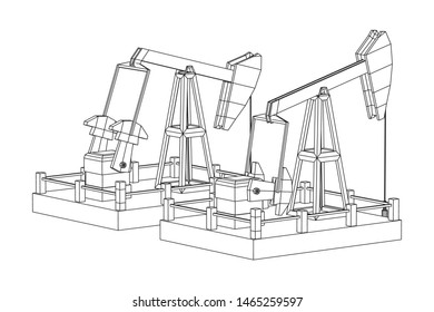 Oil well rig jack. Finance economy polygonal petrol production. Petroleum fuel industry pumpjack derricks pumping drilling. Wireframe low poly mesh vector illustration