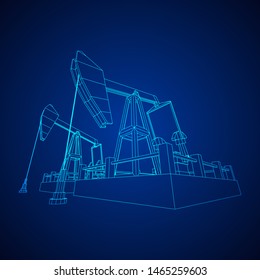 Oil well rig jack. Finance economy polygonal petrol production. Petroleum fuel industry pumpjack derricks pumping drilling. Wireframe low poly mesh vector illustration