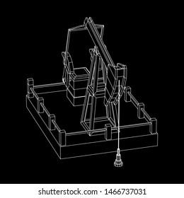 Oil well rig jack. Finance economy polygonal petrol production. Petroleum fuel industry pumpjack derricks pumping drilling. Wireframe low poly mesh vector illustration