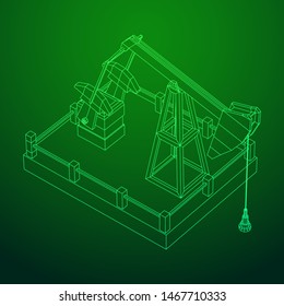 Oil well rig jack. Finance economy polygonal petrol production. Petroleum fuel industry pumpjack derricks pumping drilling. Wireframe low poly mesh vector illustration