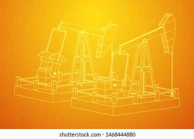 Oil well rig jack. Finance economy polygonal petrol production. Petroleum fuel industry pumpjack derricks pumping drilling. Wireframe low poly mesh vector illustration