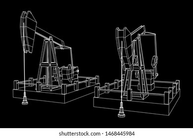 Oil well rig jack. Finance economy polygonal petrol production. Petroleum fuel industry pumpjack derricks pumping drilling. Wireframe low poly mesh vector illustration