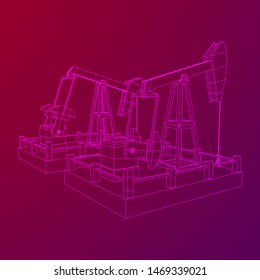 Oil well rig jack. Finance economy polygonal petrol production. Petroleum fuel industry pumpjack derricks pumping drilling. Wireframe vector illustration