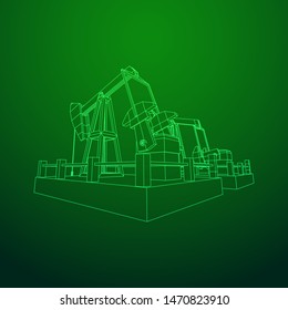 Oil well rig jack. Finance economy polygonal petrol production. Petroleum fuel industry pumpjack derricks pumping drilling. Wireframe low poly mesh vector illustration