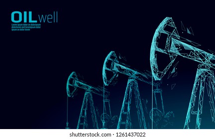 Oil well rig juck low poly business concept. Finance economy polygonal petrol production. Petroleum fuel industry pumpjack derricks pumping drilling point line connection dots blue vector illustration