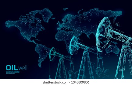 Oil well rig juck low poly business concept. Finance economy polygonal petrol production. Petroleum fuel industry pumpjack derricks pumping drilling point line connection dots blue vector illustration