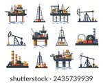 Oil well and rig. Petroleum industry oil pump tower and derrick drilling for crude oil, extraction and transportation of fuel and gas. Vector cartoon set of industry oil petroleum illustration