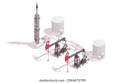 Juego de pozos de petróleo. Tecnología de bombeo. Industria de la energía del petróleo. Depósito de combustible. Almacenamiento de productos. Planta, estación de fábrica. El negocio de la minería. Aislado sobre fondo blanco. Isometric vector ilustración