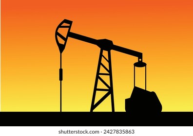 Oil Well Silhouette in the Sun. Industry and fuel production concept vector