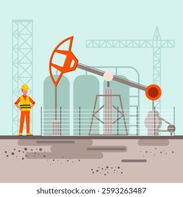 Oil well worker in uniform. Oil Pumpjack in work. Vector illustration.