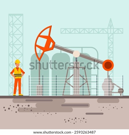 Oil well worker in uniform. Oil Pumpjack in work. Vector illustration.